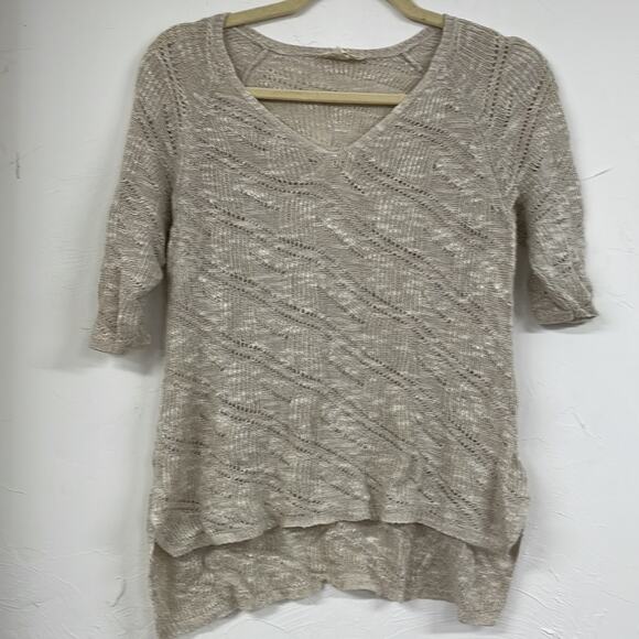 Eileen Fisher Cream Open Neutrals Oatmeal Knit Pullover Sweater PS V Neck Linen - Picture 1 of 8